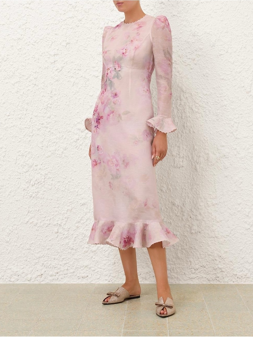 Zimmermann Pale Pink Floral Long-Sleeve Midi Dress